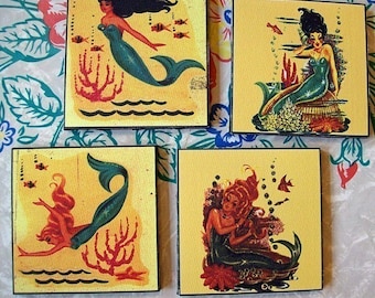 mermaid coaster set retro vintage Fifties pin up girl rockabilly decor