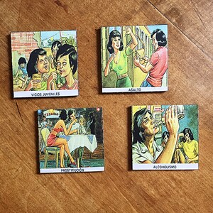 May include: Four vintage square illustrations depicting social issues. The images feature scenes of juvenile vices, assault, prostitution, and alcoholism. Each image has a white border and text labels in Spanish.