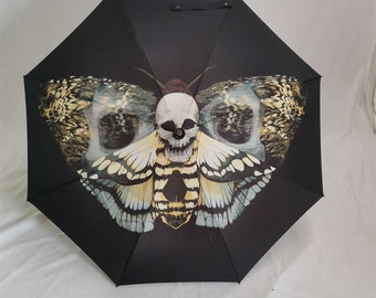Parapluie tête de mort, parapluie gothique, ultra solide, papillon de nuit, impression tête de mort, Silence of the Agneaux, papillon, gothique, accessoire tête de mort, parapluie