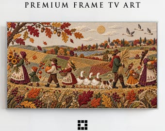Samsung Frame TV Art, Harvest Parade Folk Art, Autumn Folk Tapestry, Art Mode Download