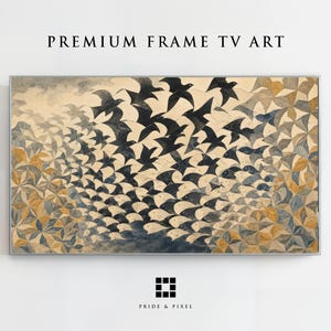 May include: A rectangular digital art print for a television screen featuring a tessellated pattern of black birds transitioning into white fish. The artwork displays a geometric background in shades of beige, gold, and blue. Text reads PREMIUM FRAME TV ART.