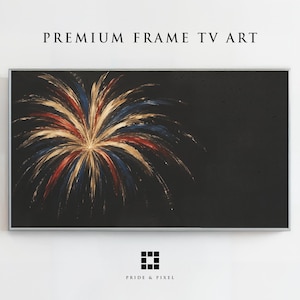 May include: A rectangular digital television artwork titled PREMIUM FRAME TV ART featuring a black background with a central firework-like burst of gold, red, and blue brushstrokes. The artwork is displayed within a thin silver frame.