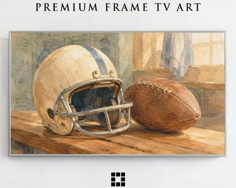 Cornice vintage da calcio per TV, casco e pallone ad acquerello, download in modalità artistica Samsung.