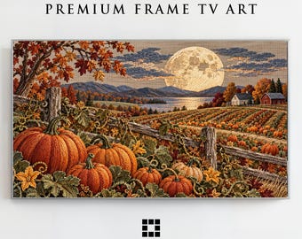 Cornice autunnale per TV - Campi di zucche e luna del raccolto, download digitale in stile ricamo