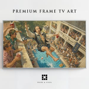 May include: A digital art print depicting a man dressed in Elizabethan attire jumping into a swimming pool at a crowded party. The scene includes a banner with the text "Et tu, Brute?" and a flag with Greek letters hanging from a balcony.