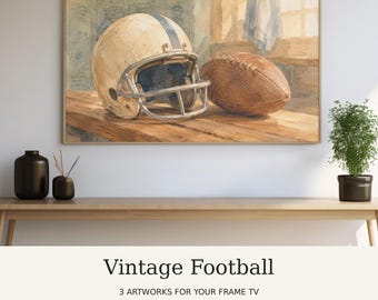 Set di 3 acquerelli raffiguranti una cornice vintage a tema calcio, un casco, un campo e uno stadio.