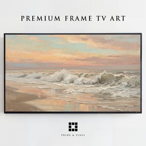 May include: A rectangular digital television display featuring a landscape painting of a beach at sunset. The artwork shows crashing ocean waves in shades of white and grey, with a soft pink and orange sky above. The text PREMIUM FRAME TV ART appears above.