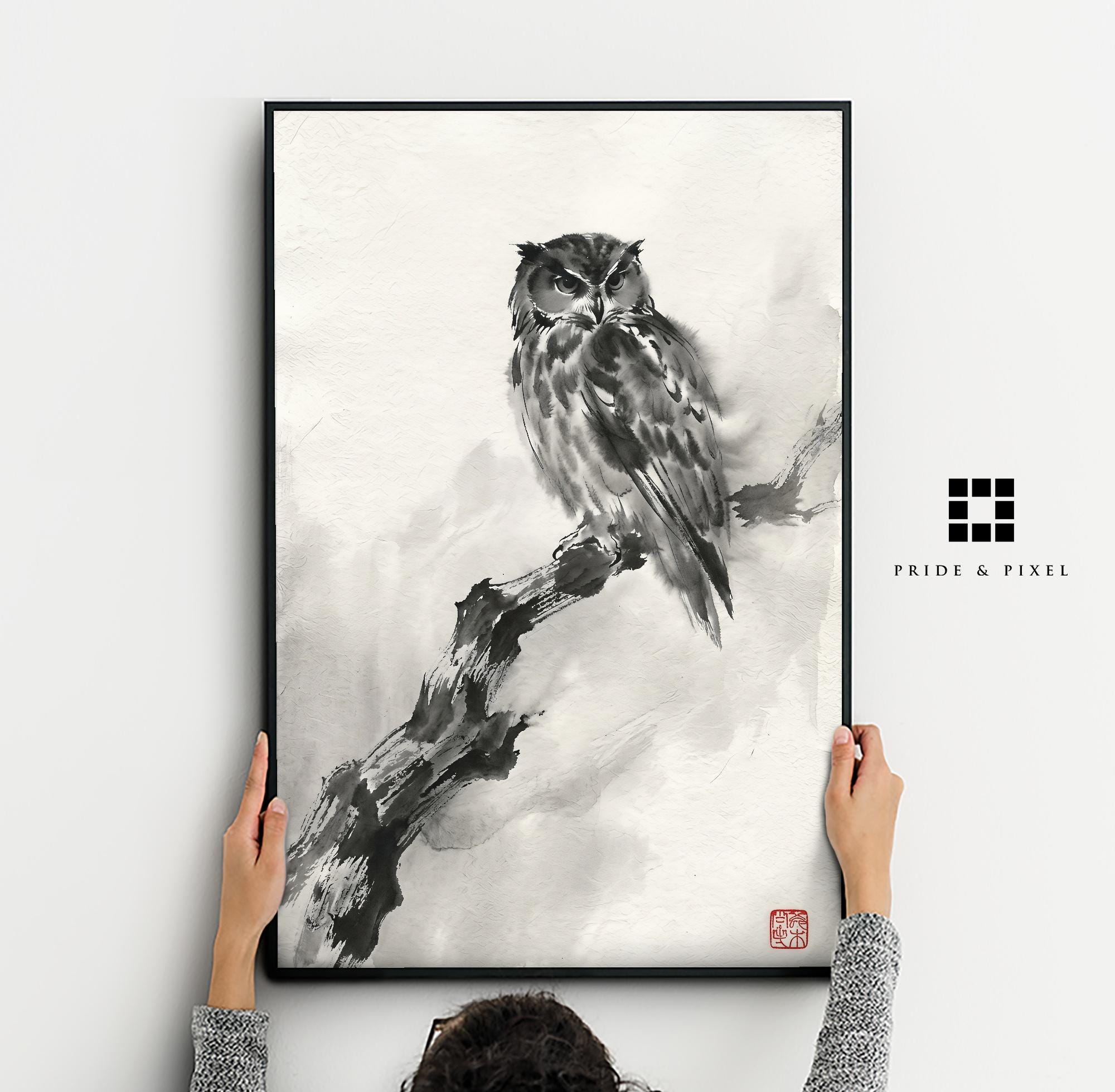 Japanese Ink Wash Owl Art Print: Sumi-e Bird Painting, Zen Animal Wall Decor