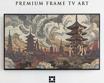 Opera d'arte digitale "Città della Pagoda Fumosa" per Samsung Frame TV - Accenti Dorati e Paesaggio Nuvoloso (Download Digitale)