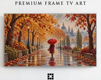 Cornice autunnale per TV - Ombrellone rosso, ricamo autunnale, download digitale