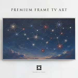 May include: A rectangular digital television display featuring the text PREMIUM FRAME TV ART at the top and PRIDE & PIXEL at the bottom. The screen shows a dark blue night sky filled with white, red, and blue fireworks arranged in constellations.