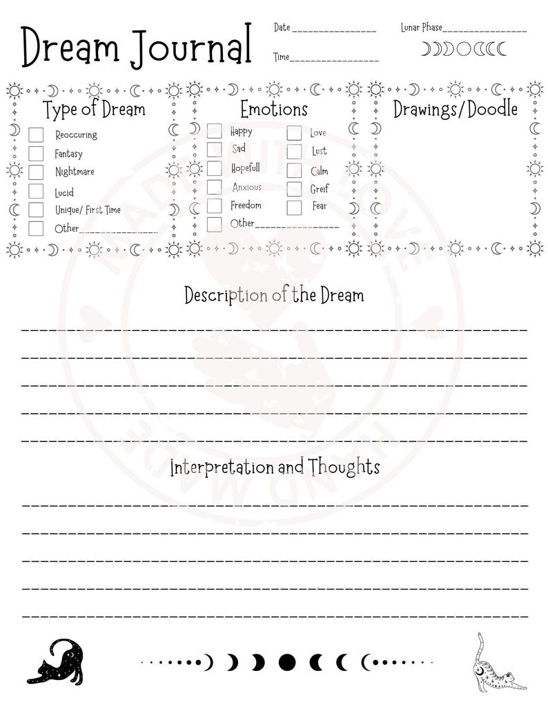 May include: Black and white printable dream journal page with a cat and moon phases. The page includes sections for date, time, lunar phase, type of dream, emotions, description of the dream, and interpretation and thoughts.
