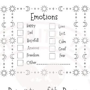 May include: A black and white printable dream journal page with sections for "Type of Dream", "Emotions", and "Drawings/Doodle". The page is decorated with a border of moons and suns.