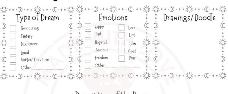 May include: A black and white printable dream journal page with sections for "Type of Dream", "Emotions", and "Drawings/Doodle". The page is decorated with a border of moons and suns.