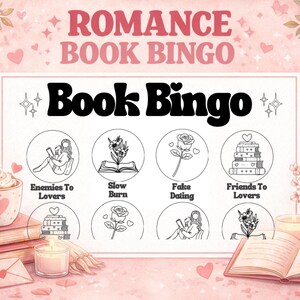 Puede incluir: Ilustración rosa y blanca de un juego de "Romance Book Bingo". El tablero del juego presenta círculos con temas relacionados con libros como "Enemies to Lovers" y "Fake Dating". Elementos decorativos incluyen rosas, corazones y una taza de café.