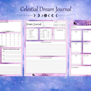 May include: A Celestial Dream Journal with a purple and white watercolor design. The journal includes sections for weekly wellness, habit tracking, dream journaling, and goal planning. The title is written in a stylized font.