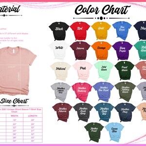 May include: A colour chart and size chart for a unisex short sleeve t-shirt. The colour chart displays 27 solid colours, including black, red, and navy. The size chart lists sizes S to 4XL with width and length measurements in inches.