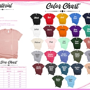May include: A color chart and size chart for a unisex short sleeve t-shirt. The color chart displays 27 solid colors, including black, red, and navy. The size chart lists sizes S to 4XL with corresponding width and length measurements in inches.