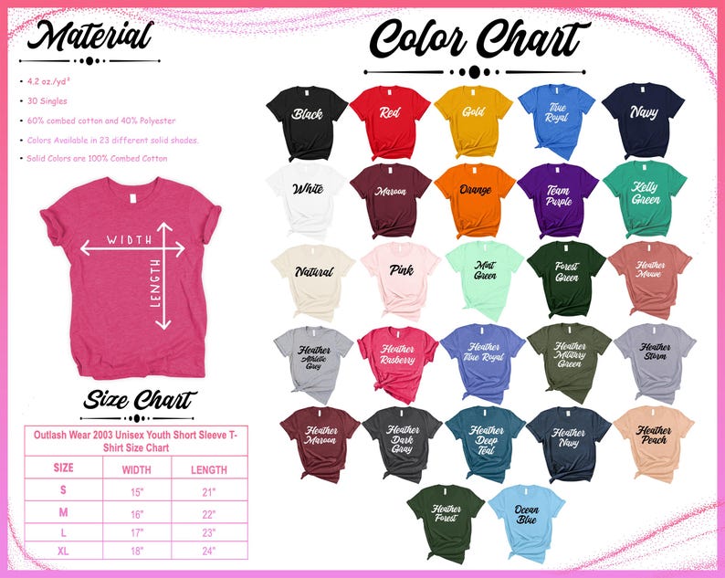 May include: A pink t-shirt with measurements for width and length, alongside a color chart displaying 23 solid shades. The size chart provides measurements for sizes S to XL. The material is 60% combed cotton and 40% polyester.