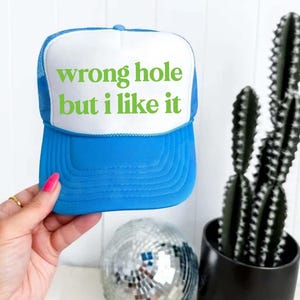 May include: A blue and white trucker hat with the text "wrong hole but i like it" in green. The hat is held by a person. A disco ball and a cactus in a black pot are in the background.