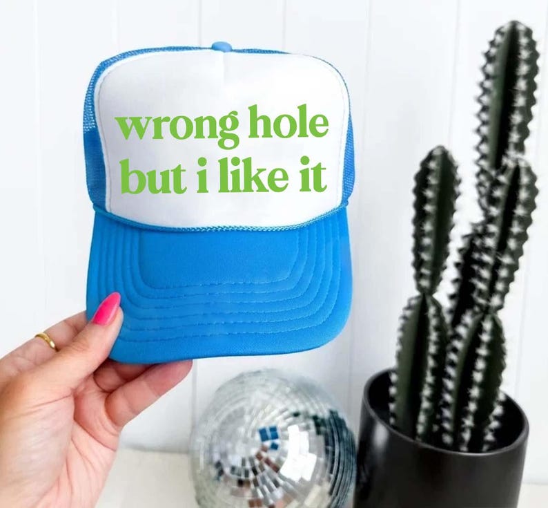 May include: A blue and white trucker hat with the text "wrong hole but i like it" in green. The hat is held by a person. A disco ball and a cactus in a black pot are in the background.