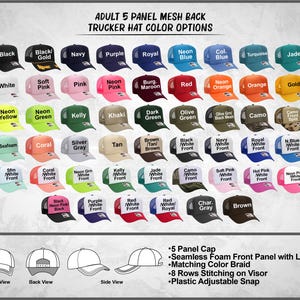 May include: A display of adult 5-panel mesh back trucker hats in various colors, including black, navy, and neon yellow. The hats have a foam front panel, matching color braid, and an adjustable snap. The image also shows front, back, and side views.