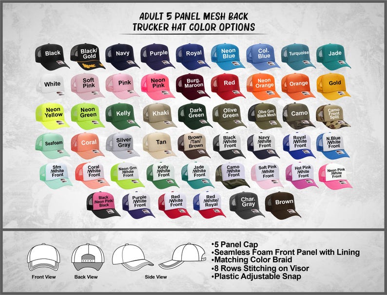 May include: A display of adult 5-panel mesh back trucker hats in various colors, including black, navy, and neon yellow. The hats have a foam front panel, matching color braid, and an adjustable snap. The image also shows front, back, and side views.