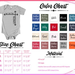 May include: A light grey baby onesie with size and measurement details. The image includes a colour chart with various hues and a material description. The size chart provides measurements in inches for different age ranges, and the material is 60% combed cotton and 40% polyester.