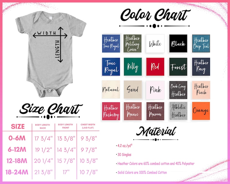 May include: A light grey baby onesie with size and measurement details. The image includes a colour chart with various hues and a material description. The size chart provides measurements in inches for different age ranges, and the material is 60% combed cotton and 40% polyester.