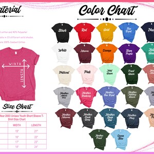 May include: A color chart and size guide for Outlash Wear 2003 unisex youth short sleeve t-shirts. The chart displays 23 solid colors, including black, red, and navy. The size chart shows measurements in inches for width and length, ranging from S to XL.
