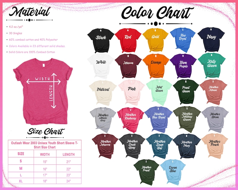 May include: A color chart and size guide for Outlash Wear 2003 unisex youth short sleeve t-shirts. The chart displays 23 solid colors, including black, red, and navy. The size chart shows measurements in inches for width and length, ranging from S to XL.