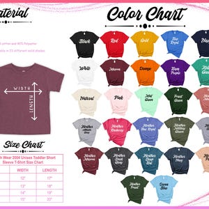 May include: A maroon toddler t-shirt with width and length measurements, alongside a color chart displaying 23 solid shades. The size chart provides measurements for sizes T2 to T5, with lengths ranging from 17 to 20 inches.