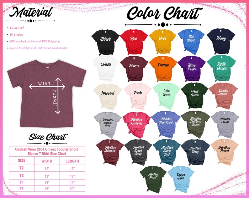 May include: A maroon toddler t-shirt with width and length measurements, alongside a color chart displaying 23 solid shades. The size chart provides measurements for sizes T2 to T5, with lengths ranging from 17 to 20 inches.