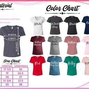 May include: A colour chart and size guide for a V-neck t-shirt. The chart displays various shirt colours, including white, black, navy, and pink. The size chart shows chest and length measurements in inches for sizes S through 2XL.