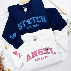 Personalized Couple Sweatshirt Embroidered Stitch Angel Sweatshirt, Embroidered Stitch Sweatshirt, Stitch Sweatshirt Couple, Disney Couple