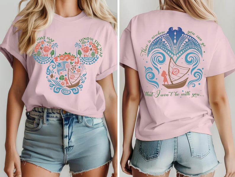 May include: Pink t-shirt featuring a Mickey Mouse-shaped design with floral and boat illustrations, and the text "WHAT MAY I KNOW THE WAY". The back of the shirt has a boat illustration and the text "There is nowhere you can go that I won't be with you..."