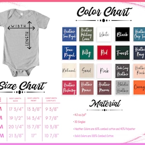 May include: A light gray baby onesie with a size chart and color chart. The size chart shows measurements in inches for various sizes, from 0-6 months to 18-24 months. The color chart displays various colors like white, black, and orange.