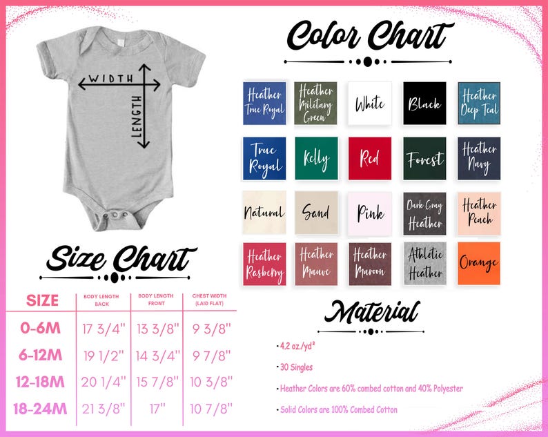 May include: A light gray baby onesie with a size chart and color chart. The size chart shows measurements in inches for various sizes, from 0-6 months to 18-24 months. The color chart displays various colors like white, black, and orange.