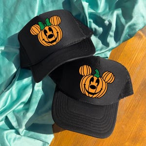 Disney Mickey Minnie Pumpkin Trucker Hat, Mickey Hat Halloween, Disney Halloween Hat, Halloween Minnie Hat, Couple Disney Hats, Disneyhat