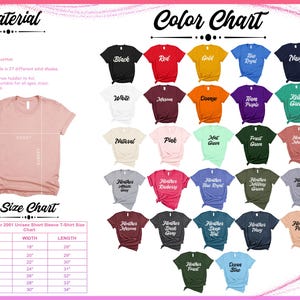 May include: A color chart and size chart for a unisex short sleeve t-shirt. The color chart displays 27 solid colors, including black, red, and navy. The size chart lists sizes S to 4XL with corresponding width and length measurements in inches.