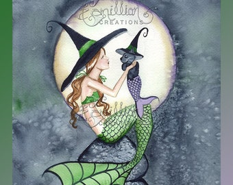 Little Kitty Mermaid Witch from Original Watercolor Painting by Camille Grimshaw