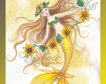 Sunflower Morning Mermaid Print from Original Watercolor Painting by Camille Grimshaw