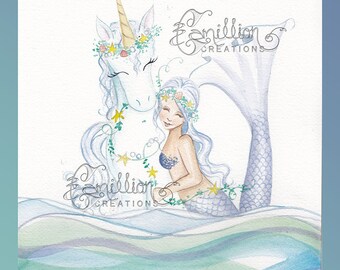 Fansea Unicorn and Mermaid from Original Watercolor Painting by Camille Grimshaw