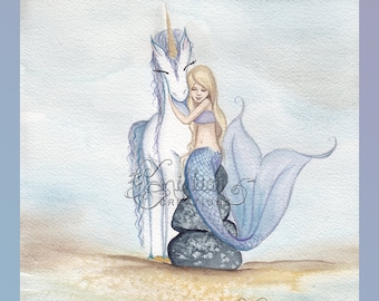 Dream Beach Mermaid and Unicorn from Original Watercolor Painting by Camille Grimshaw