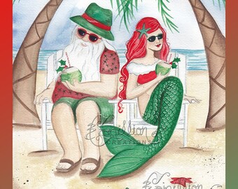 Santa and Mermaid Print from Original Watercolor Painting by Camille Grimshaw