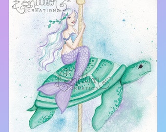 Carousel Sea Turtle Mermaid Print from Original Watercolor Painting by Camille Grimshaw