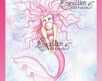 Bubble Gum Mermaid Print from Original Watercolor Painting by Camille Grimshaw