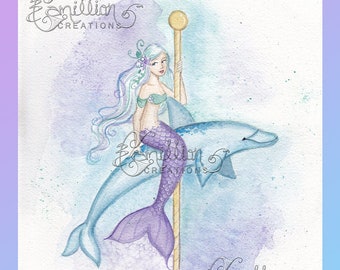 Carousel Dolphin  Mermaid Print from Original Watercolor Painting by Camille Grimshaw