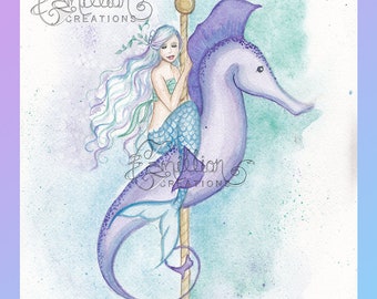 Carousel Seahorse Mermaid Print from Original Watercolor Painting by Camille Grimshaw