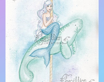 Carousel Manatee Mermaid Print from Original Watercolor Painting by Camille Grimshaw